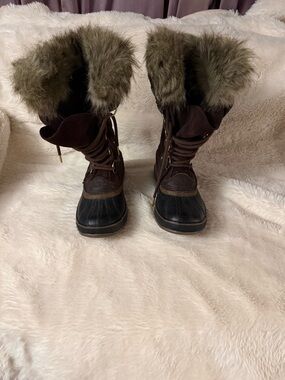 Sorel Brown & Black Faux Fur Winter Rain Boots